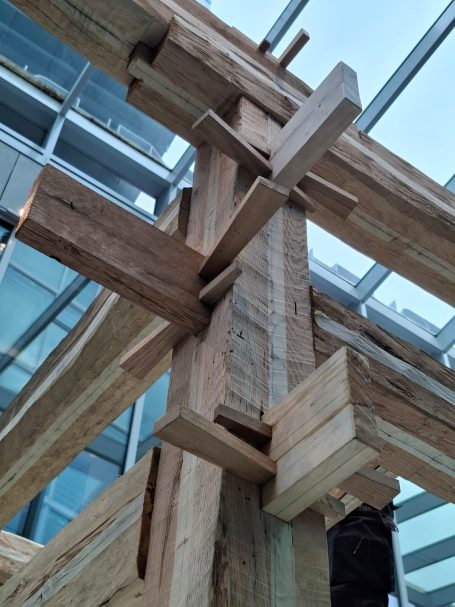 art installation timber frame wedged joinery