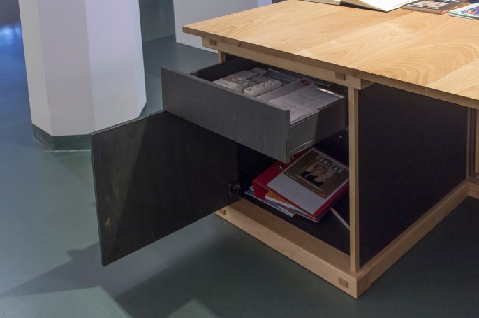 museum desk cabinet push-to-open hardware for a clean look
